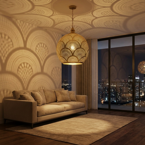 Handmade Moroccan Ceiling Light – Brass Geometric Openwork