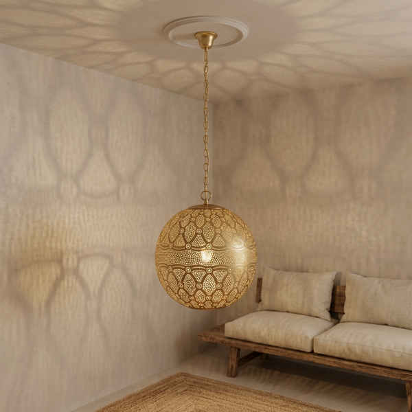 Handmade Moroccan Lamp - Gold Brass Pendant - Boho Bedroom Mood Lighting