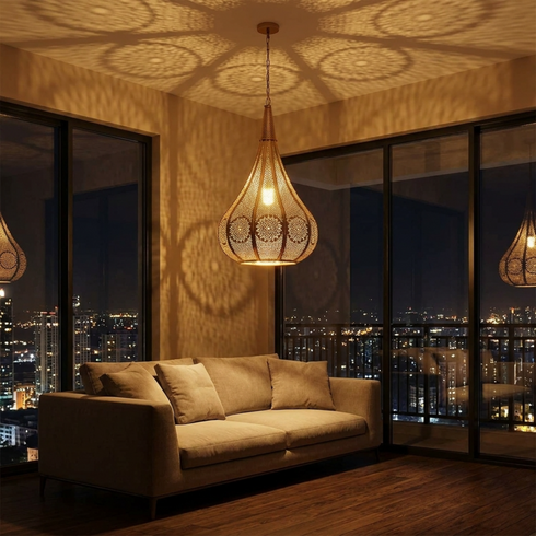 Authentic Moroccan Teardrop Hanging Lamp – Gold Brass Pendant Light with Artistic Shadow Casting Pattern