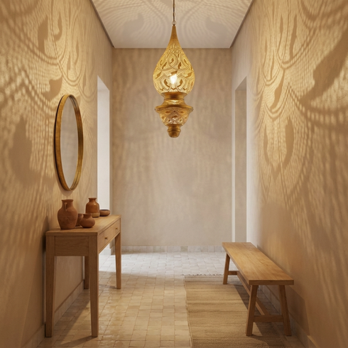 Authentic Handmade Moroccan Lamp – Gold Brass Teardrop Pendant Lantern with Intricate Filigree Design for Entryway Decor