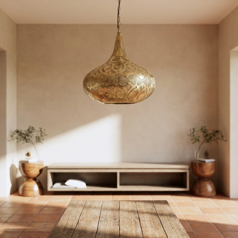 Moroccan Chandelier – Filigree Brass Openwork Lamp Statement Light
