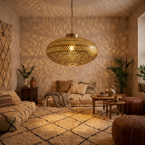 Moroccan Lantern – Brass Filigree Openwork Shadow-Casting