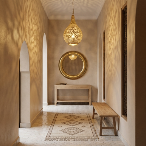 Authentic Moroccan Teardrop Pendant Lamp – Hand-Hammered Brass Hanging Light with Shadow Casting Mood Lighting Design