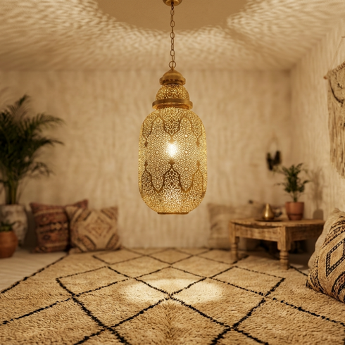 Authentic Handmade Moroccan Lamp – Gold Brass Pendant Light with Intricate Filigree Openwork Design for Living Room Decor