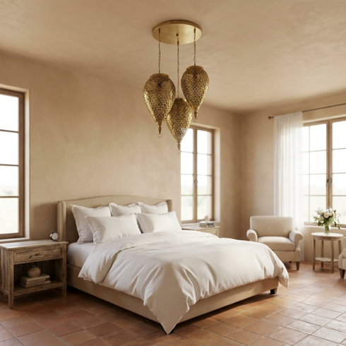 Authentic Custom Brass Chandelier – Gold Hand-Hammered Triple Teardrop Pendant Light for Boho Bedroom Mood Lighting