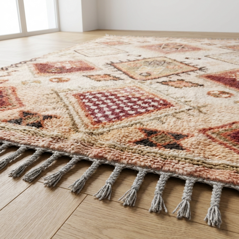 Handmade Boujaad Rug - Hand Knotted Natural Wool - Boho Living Room Decor - Vibrant Geometric Patterns