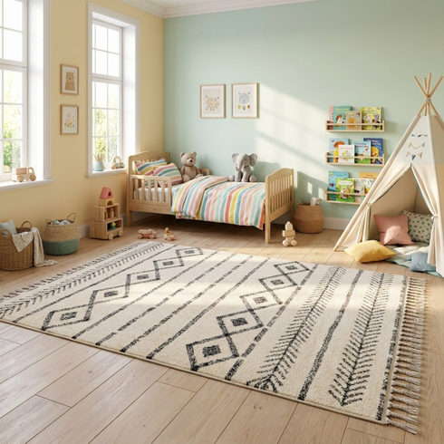 Minimalist Moroccan Rug - Flatweave Natural Wool - Scandi-Boho Geometric Decor