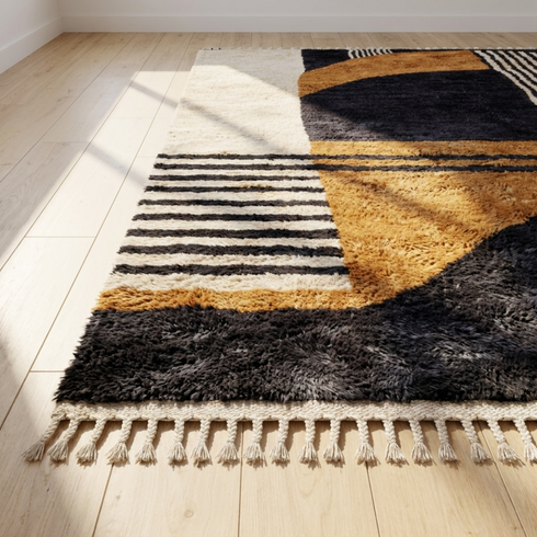 Moroccan Berber Rug – Multicolor High-Pile Striped Wool Rug