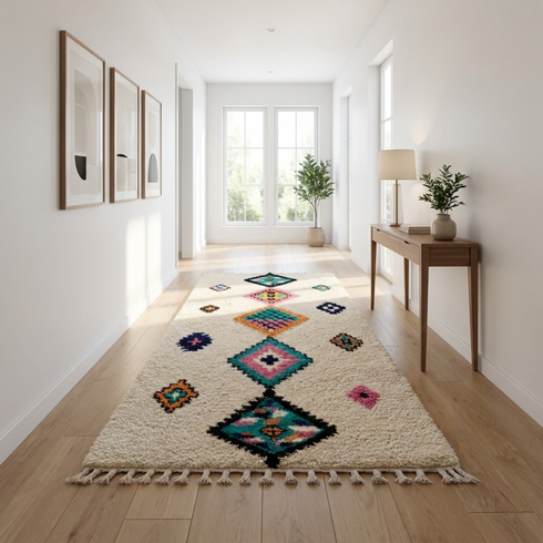 Azilal Rug – Multicolor Shaggy Diamond Wool Moroccan Carpet