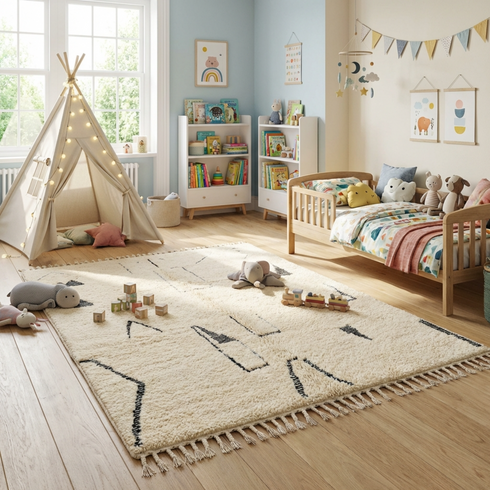 Authentic Beni Ourain Rug - High Pile Natural Wool - Minimalist Boho Living Room Decor