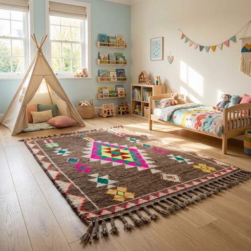 Moroccan Kilim Rug – Brown Flatweave Diamond Wool Area Rug