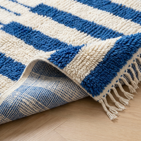 Handmade Azilal Rug – Plush High Pile Wool Rug with Modern Geometric Blue & Ivory Design