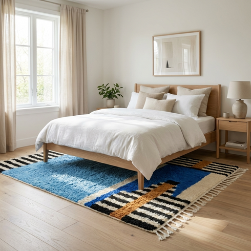 Authentic Moroccan Rug – High Pile Shaggy Wool Area Rug with Vibrant Abstract Design for Modern Interiors
