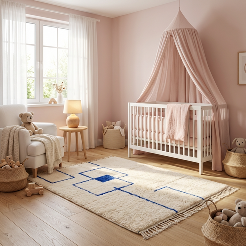 Modern Beni Ourain Rug - Plush Natural Wool - Geometric Blue Minimalist Decor