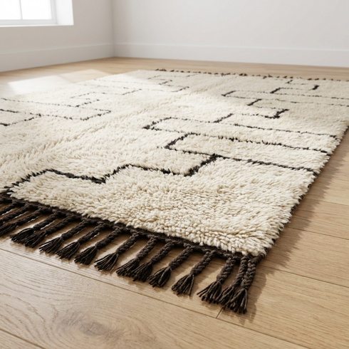 Beni Ourain Rug – Soft Shaggy Wool Area Rug with Tribal Geometric Design for Boho Interiors