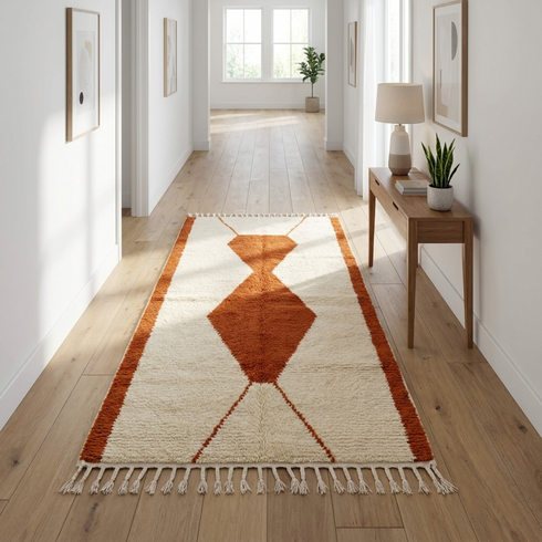 Beni Ourain Moroccan Rug – Plush Wool Area Rug with Burnt Orange Geometric Design for Boho Interiors