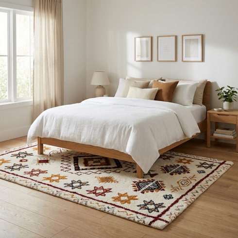 Handmade Azilal Rug - High Pile Natural Wool - Boho Moroccan Living Room Decor - Tribal Geometric Pattern