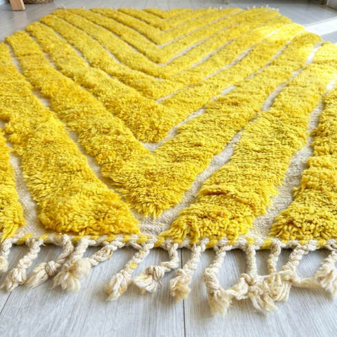 Vibrant Moroccan Wool Rug – High Pile 100% Wool Rug with Yellow Chevron Boho Design