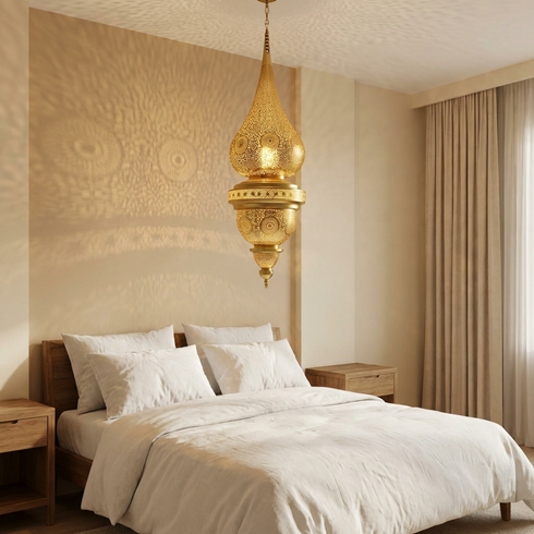 Handmade Moroccan Lamp - Gold Brass Pendant - Living Room Lamp