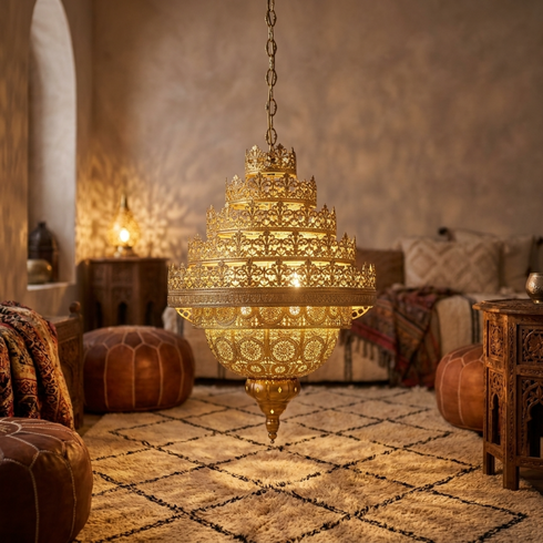 Authentic Handmade Moroccan Lamp – 100% Solid Brass Chandelier for Elegant Living Room Decor