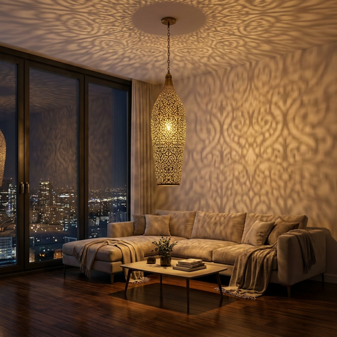 Authentic Handmade Moroccan Lamp – Perforated Brass Teardrop Pendant Light with Artistic Shadow Casting for Living Room Decor