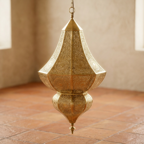 Authentic Handmade Moroccan Lamp – Gold Brass Pendant Light with Intricate Filigree Shadow Casting for Living Room Decor