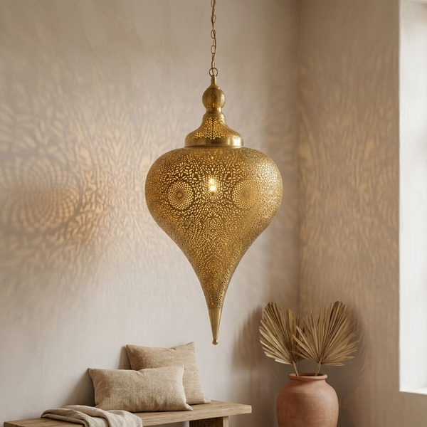 Moroccan Pendant Light – Teardrop Brass Shadow-Casting Lamp Openwork