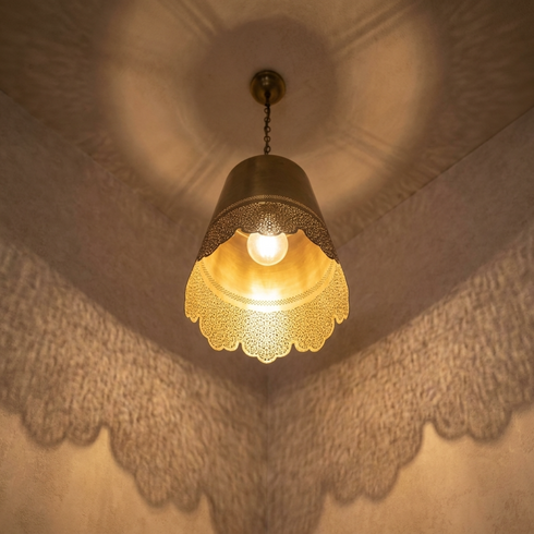 Authentic Handmade Moroccan Lamp – Gold Brass Pendant Light with Intricate Filigree Openwork Pattern for Kitchen Island Decor