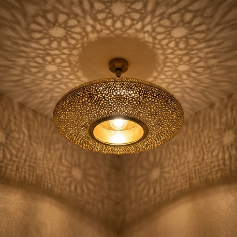 Authentic Handmade Moroccan Lamp – Gold Perforated Brass Ceiling Pendant Light for Living Room Statement Lighting
