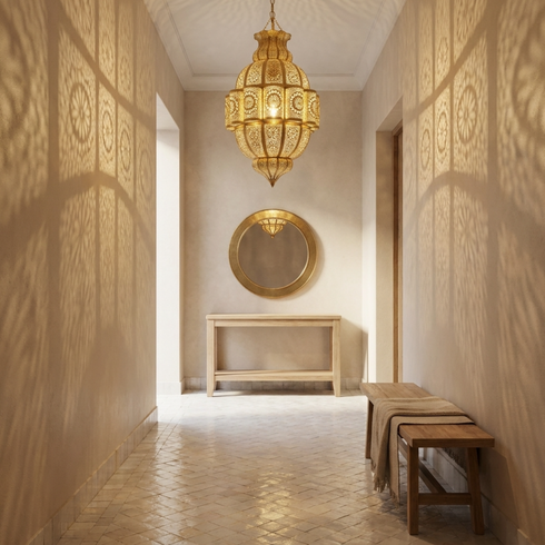 Filigree Moroccan Chandelier – Brass Openwork Lamp Statement Light