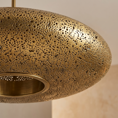 Authentic Handmade Moroccan Lamp – Gold Perforated Brass Ceiling Pendant Light for Living Room Statement Lighting