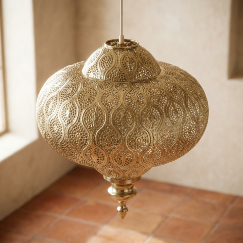 Authentic Handmade Moroccan Lamp – Oxidized Brass Pendant Light with Intricate Filigree Design for Living Room Decor