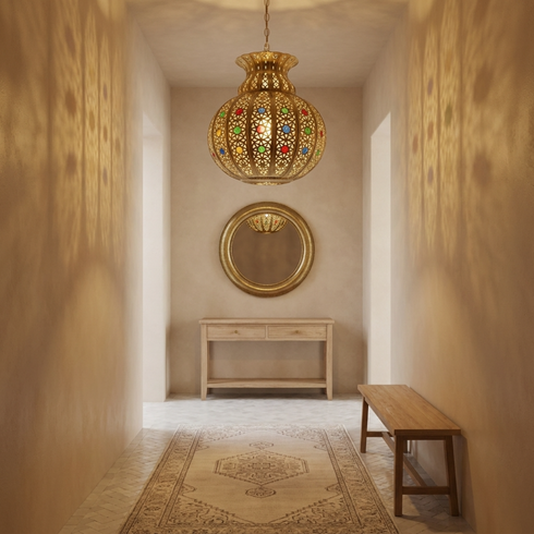 Filigree Brass Moroccan Pendant Light Entryway