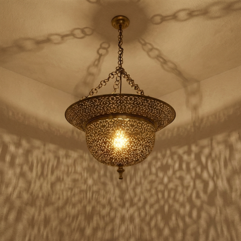 Authentic Moroccan Hanging Lamp – Oxidized Brass Pendant Light with Intricate Filigree Detail for Bedroom Mood Lighting