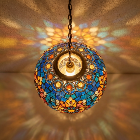 Authentic Handmade Moroccan Lamp – Solid Brass Mosaic Globe Pendant Light for Cozy Boho Bedroom Decor