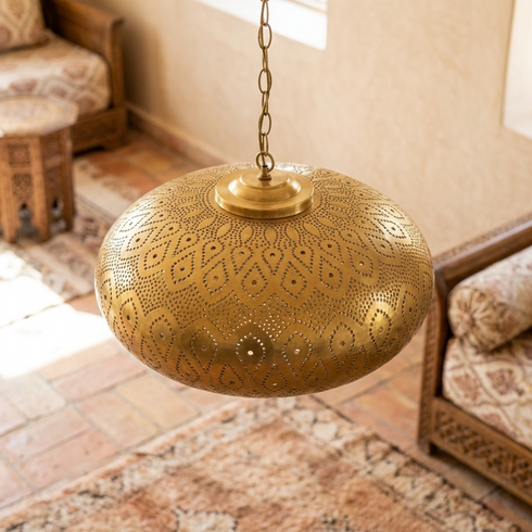 Authentic Handmade Moroccan Lamp – Gold Brass Globe Pendant Light with Intricate Shadow Casting Patterns