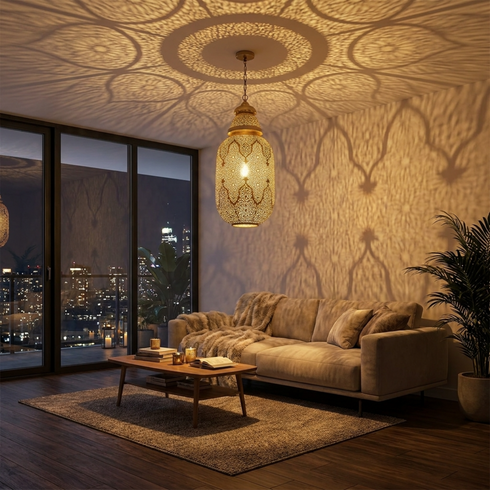 Authentic Handmade Moroccan Lamp – Gold Brass Pendant Light with Intricate Filigree Openwork Design for Living Room Decor