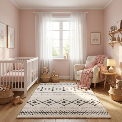 Minimalist Moroccan Rug - Flatweave Natural Wool - Scandi-Boho Geometric Decor