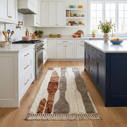 Authentic Moroccan Rug – High Pile Natural Wool Area Rug with Modern Abstract Pattern for Boho Living Room Decor