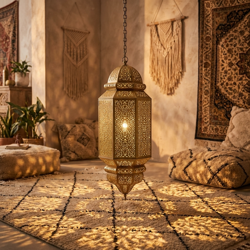 Handmade Authentic Moroccan Hanging Lamp – Gold Brass Pendant Light with Intricate Filigree Entryway Lantern Design