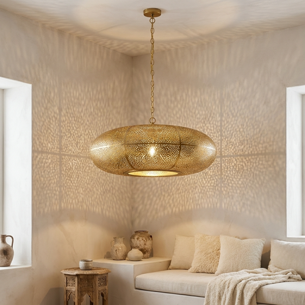 Authentic Handmade Moroccan Lamp – Gold Perforated Brass Ceiling Pendant Light for Living Room Statement Lighting