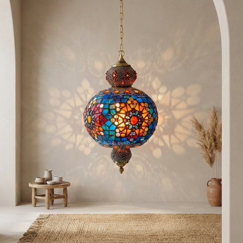 Authentic Handmade Moroccan Lamp – Solid Brass Mosaic Globe Pendant Light for Cozy Boho Bedroom Decor