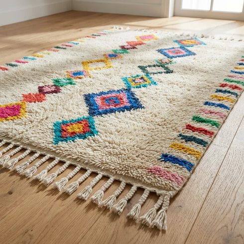 Azilal Rug – Multicolor Shaggy Diamond Wool Area Rug