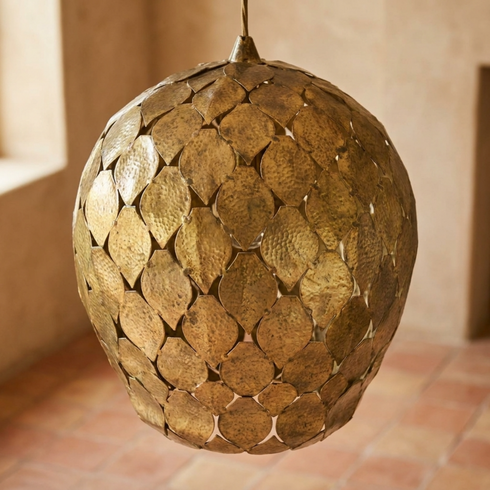 Authentic Handmade Moroccan Lamp – Gold Brass Hand-Hammered Globe Pendant Light for Cozy Boho Bedroom Decor