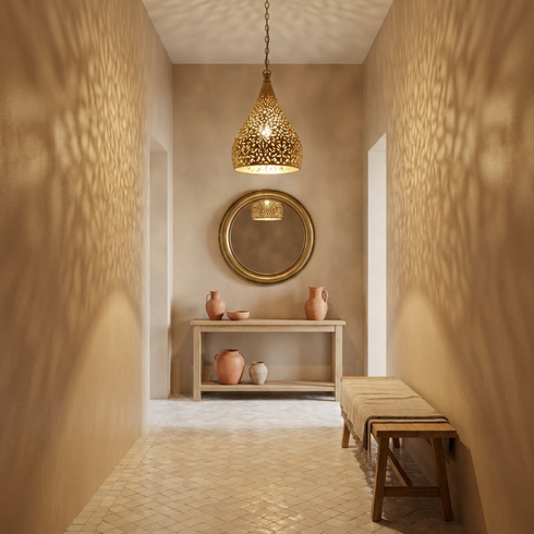 Authentic Handmade Moroccan Lamp – Oxidized Brass Teardrop Pendant Light with Intricate Filigree Shadows