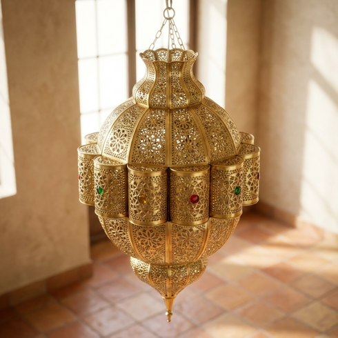 Handmade Moroccan Pendant Lamp – Gold Brass Statement Light with Filigree Pattern for Living Room Decor