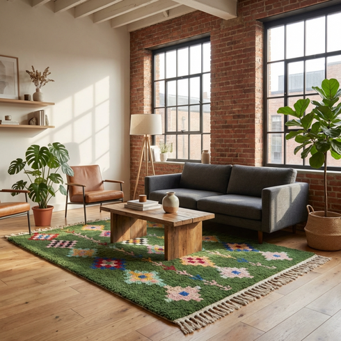 Handmade Green Rug - Colorful Geometric Carpet