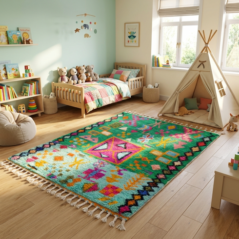 Handmade Azilal Moroccan Rug – Vibrant High Pile Wool Rug with Abstract Tribal Boho Design