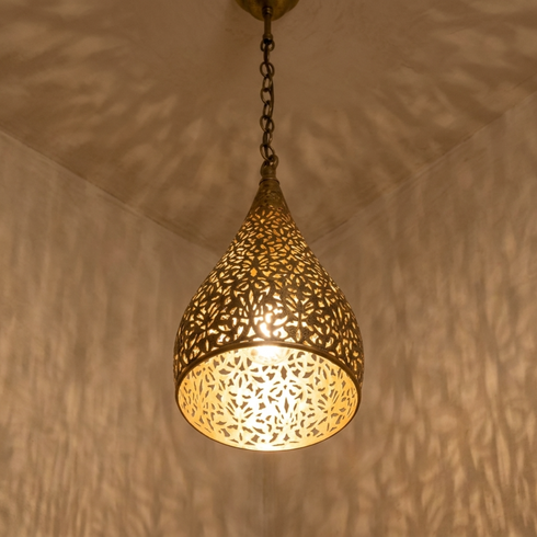 Authentic Handmade Moroccan Lamp – Oxidized Brass Teardrop Pendant Light with Intricate Filigree Shadows