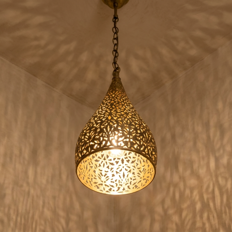 Moroccan Pendant Light – Teardrop Brass Shadow-Casting Lamp Filigree